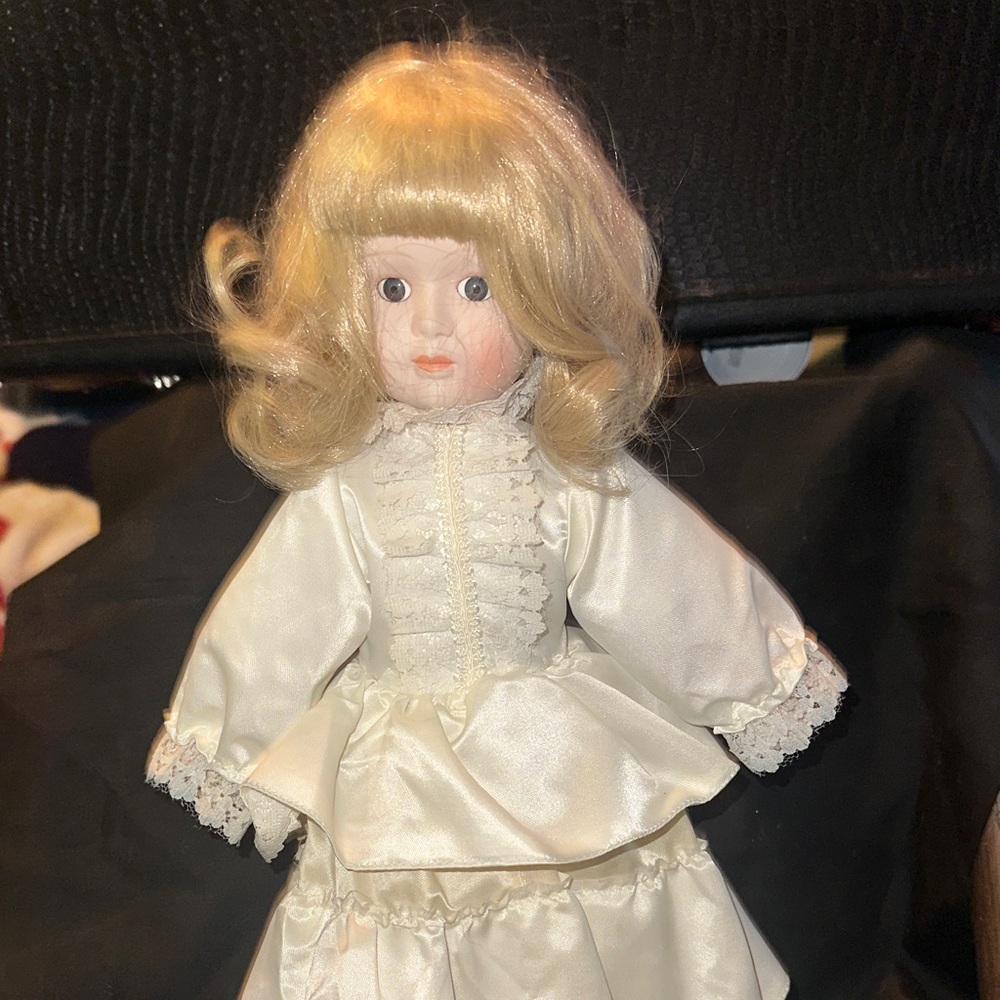 Unk Porcelain Doll with Blonde Hair and White Dress